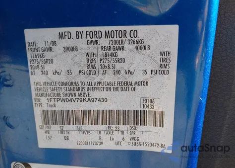 2009 Ford F-150 Fx4 from USA, damaged, VIN 1FTPW04V79KA97430